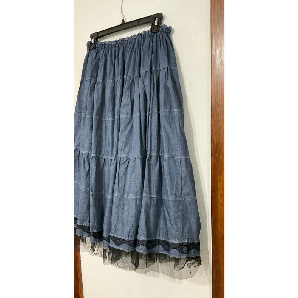 Handmade Blue Tiered Blue Prairie Midi Skirt Elastic Waist Western Boho - Picture 4 of 6